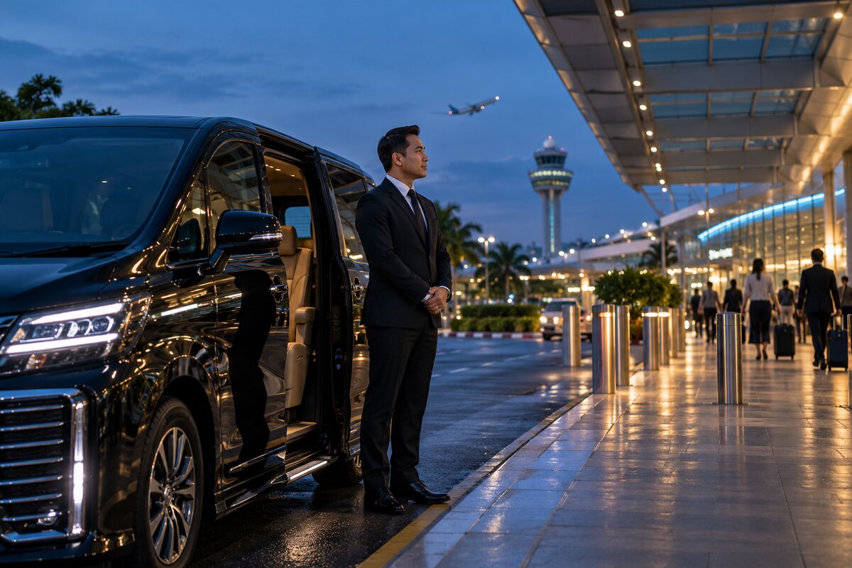 Conceptual scene of a professional chauffeur waiting beside a parked executive vehicle at an airport pickup area.