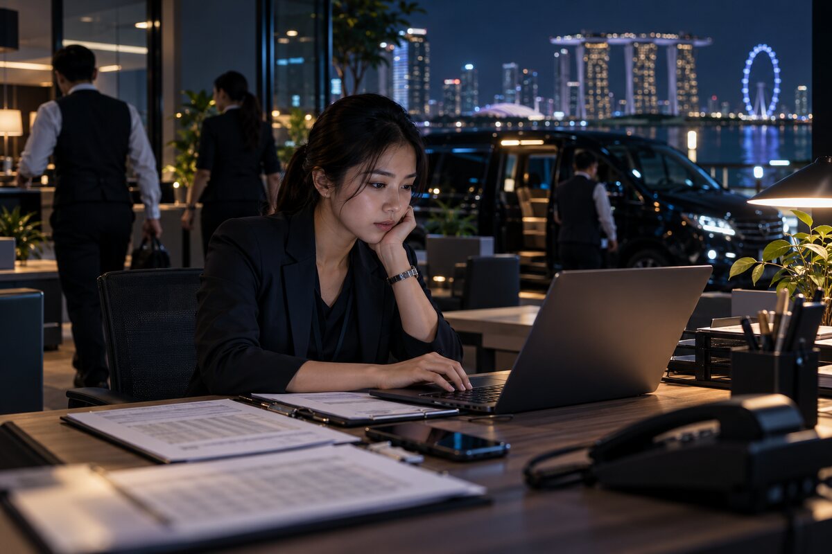 Conceptual scene of a limousine coordinator handling booking lists at an office after dark.