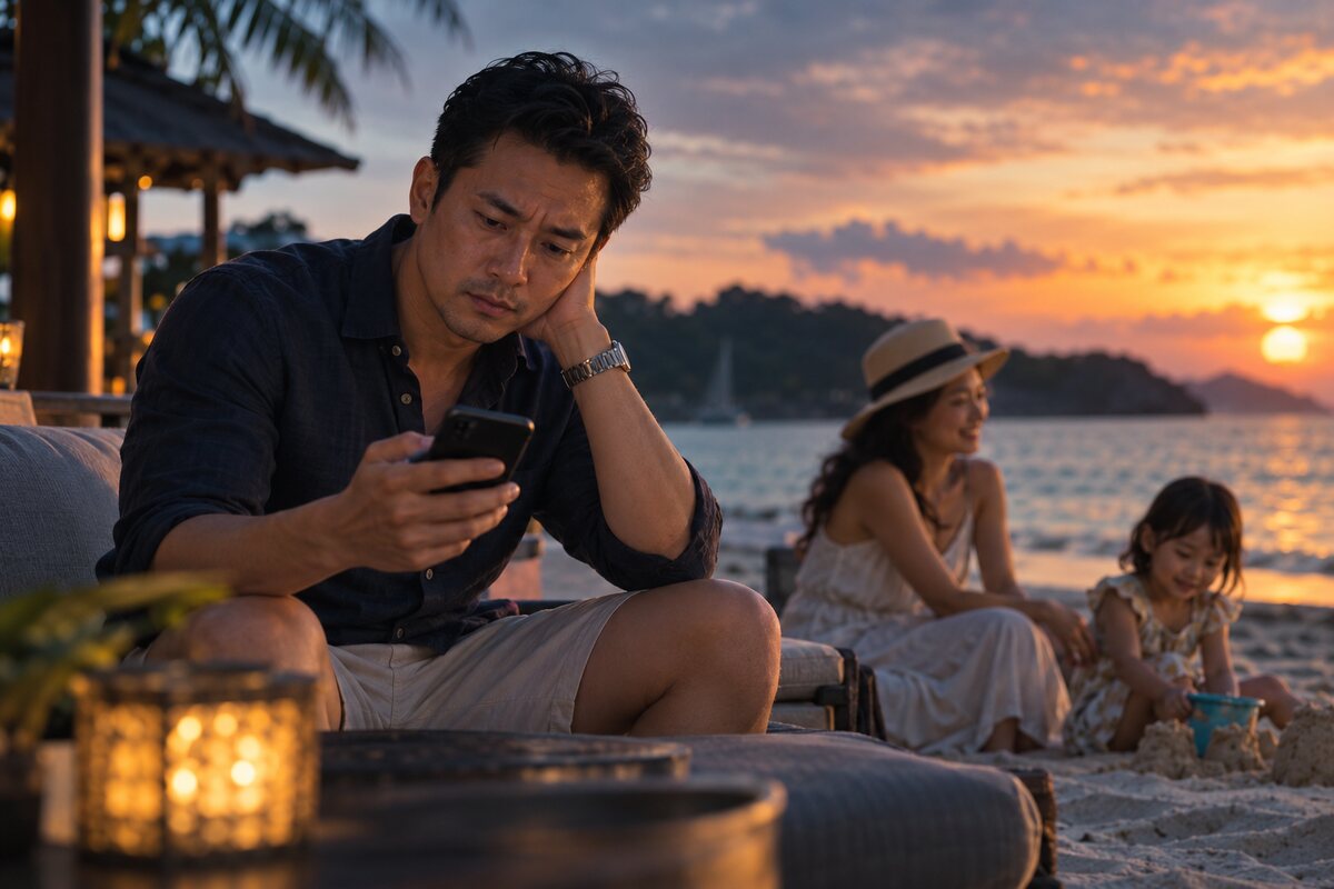Conceptual scene of a limousine company owner checking his phone during a family holiday.