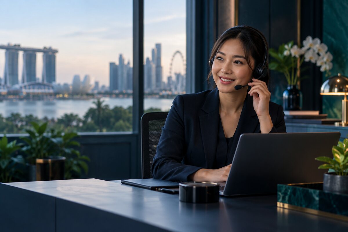 Conceptual illustration of an approachable business support specialist at a desk.