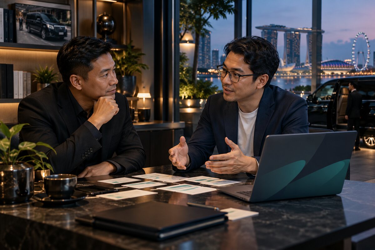 Conceptual scene of a limousine company owner and technology consultant discussing workflow needs.