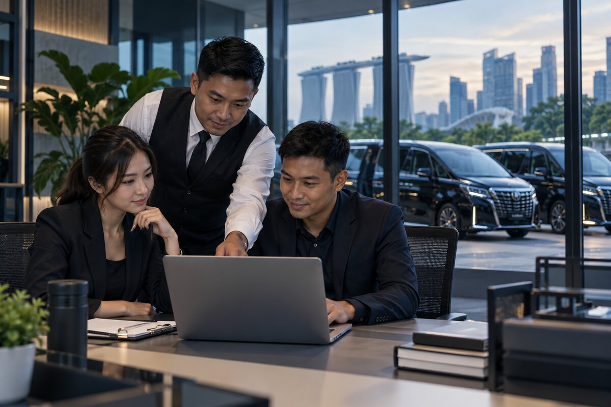 Conceptual scene of a Singapore limousine team reviewing their booking workflow together.